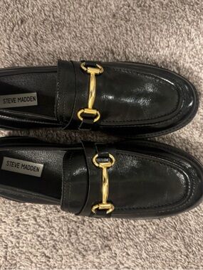 Steve Madden Black Leather Loafers with Gold Bit Detail